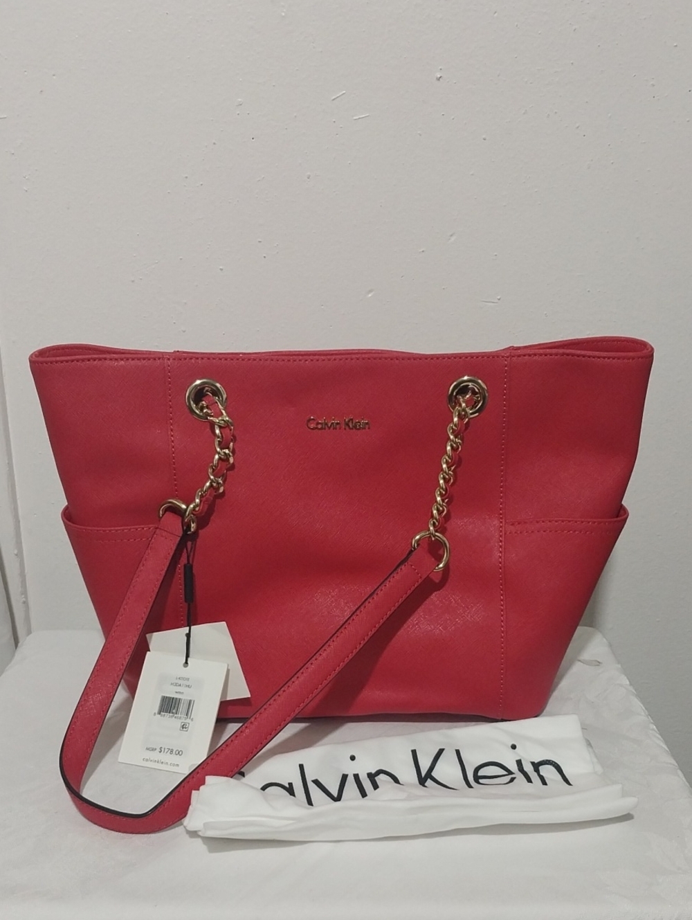 Calvin Klein Red Tote with Gold Chain Straps